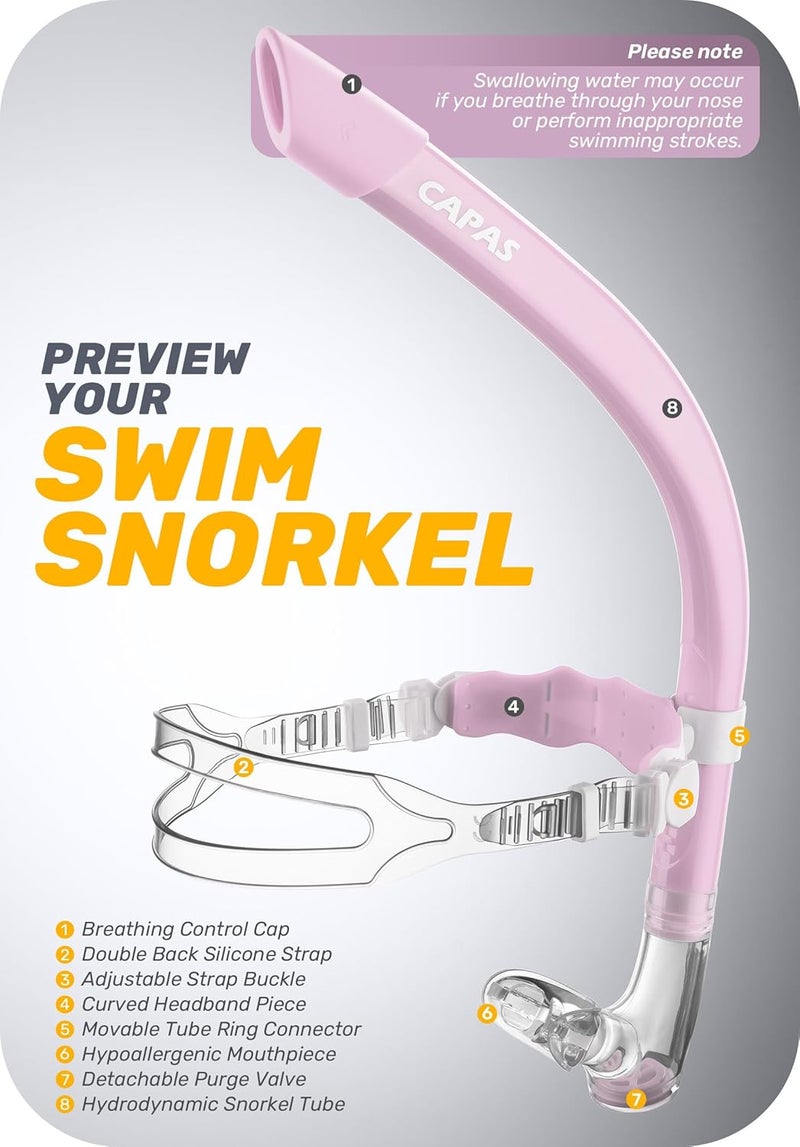 Capas Training Swim Snorkel for Lap Swimming, Swivel Headband Ultimate Fit Center-Mount Swimmers Snorkel with Liquid Silicone Mouthpiece Adjustable Strap, Designed for Adult Men Women - Image 2